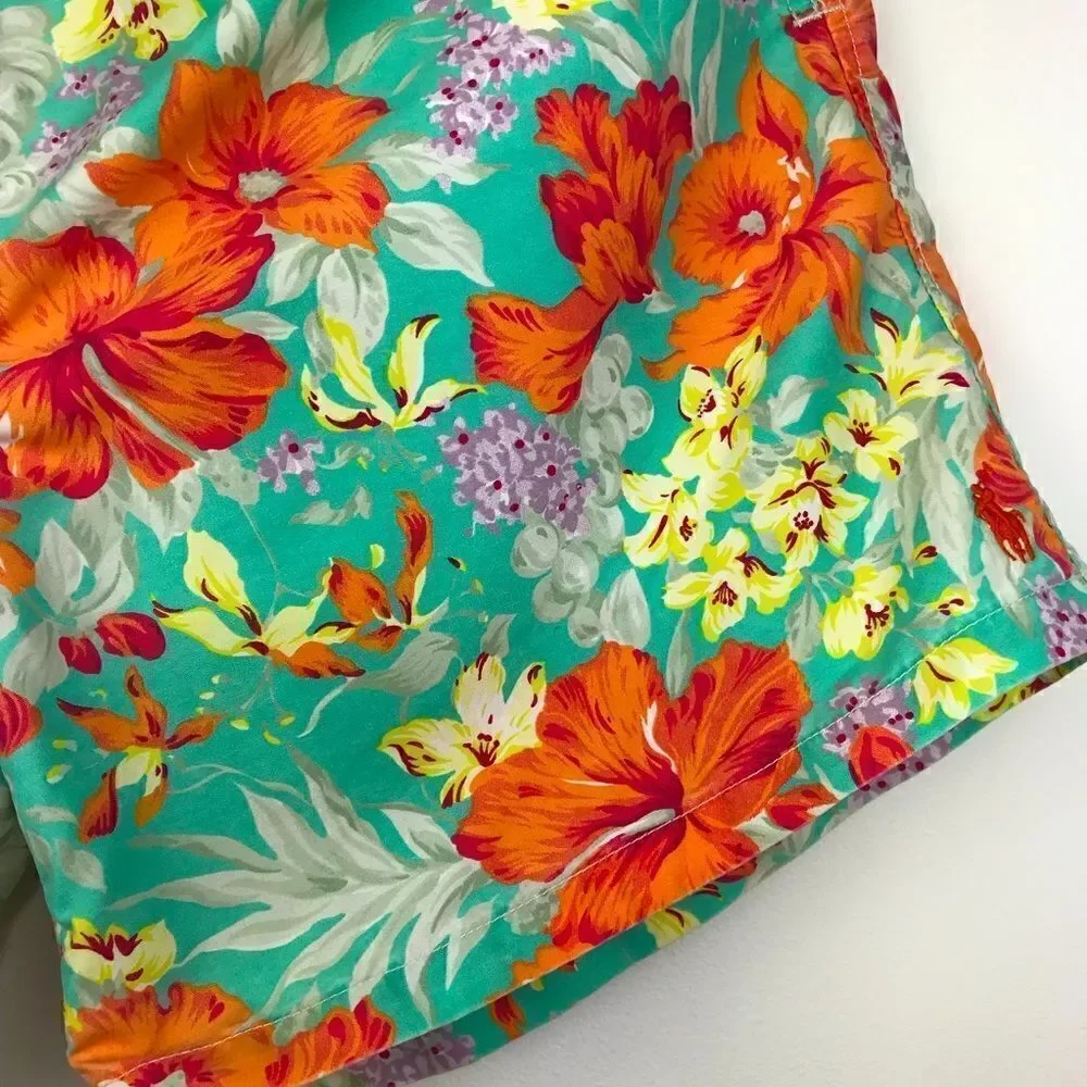 Polo Ralph Lauren Teal and Orange Hibiscus Tropical Print Swim Trunks